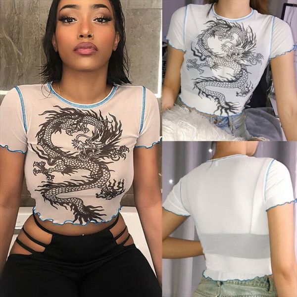 

summer womens ladies dragon print slim short sleeve t shirt o neck casual street tee shirts, White