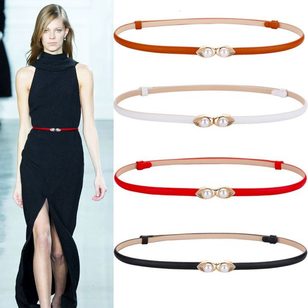 

dress thin simple versatile pearl buckle leather fashion belt women's decorative korean waist chain, Black;brown