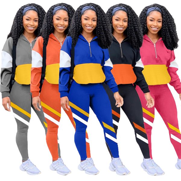 

Women's Two Piece Sets autumn and winter 2020 fashion solid color printing stitching fashion leisure suit V-Neck Slim Geometric Zipper