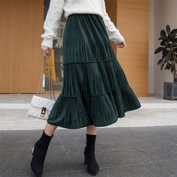 

autumn winter gold velvet pleated skirt women korean style vintage gray black long high waist skirts womens falda mujer