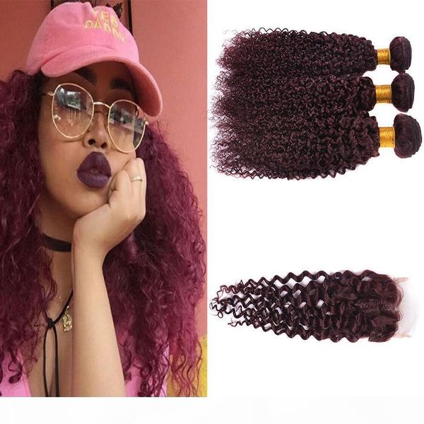 

99j brazilian hair with closure 4x4 red wine brazilian curly wave lace closure with bundles 99j human hair weft with closure, Black;brown
