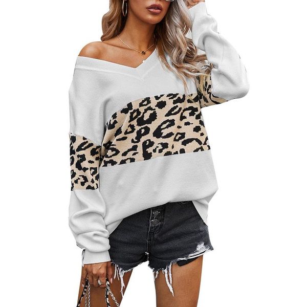 

winter v-neck knitted jumpers for women long-sleeve pullover loose sweater leopard patchwork sweaters pull femme 2020, White;black