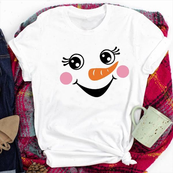 

women lady snowman cartoon happy new year 90s holiday happy christmas print tshirt clothes graphic female t tee t shirt, White