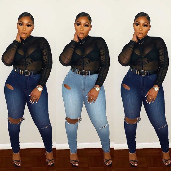 

2020 women's personalized holed slim jeans leggings, Blue