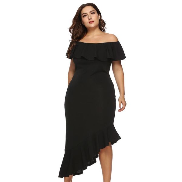 

neck d30 size plus ruffle trumpet women asymmetrical hem office vestidos dress shoulder slash off 4xl ladies elegant bbyffg lg2010, Black;gray