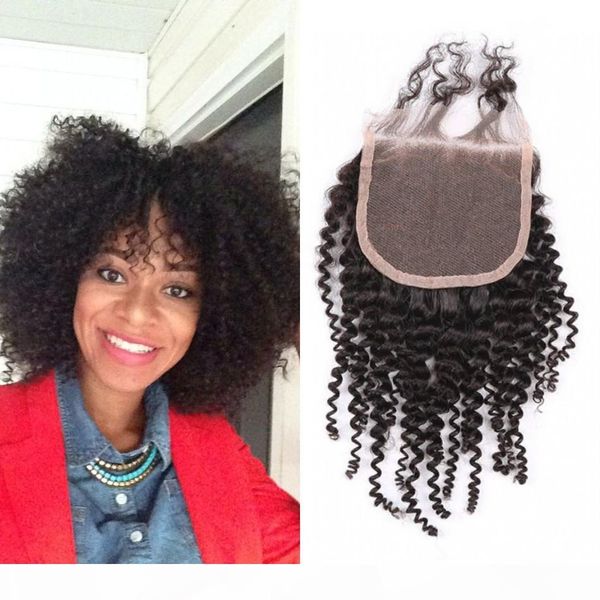 

peruvian kinky curly 4*4 lace closure human hair closure middle three part closure natural color, Black;brown