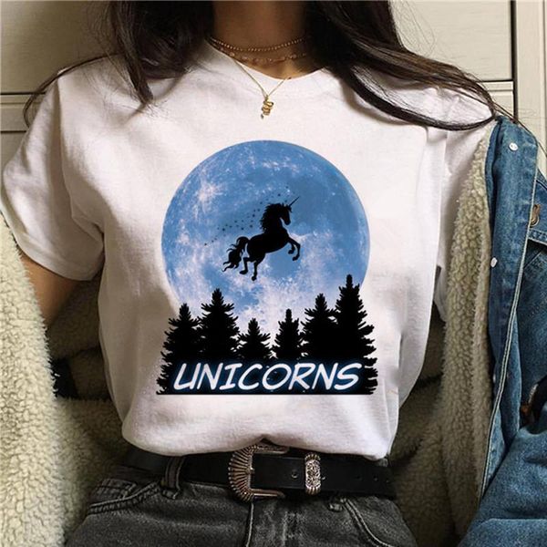

korean style harajuku cute unicorn t shirt women fun t-shirt ullzang unicornio kawaii cartoon tshirt 90s graphic tees female, White