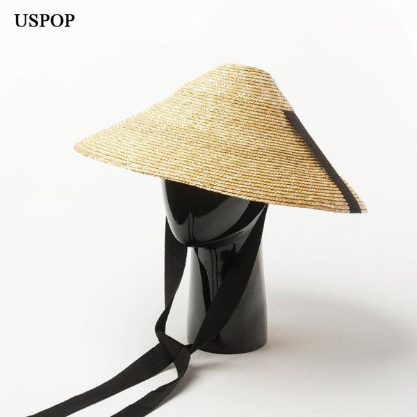 

stingy brim hats uspop 2021 sun hat women conical straw summer wide wheat female lace-up beach, Blue;gray
