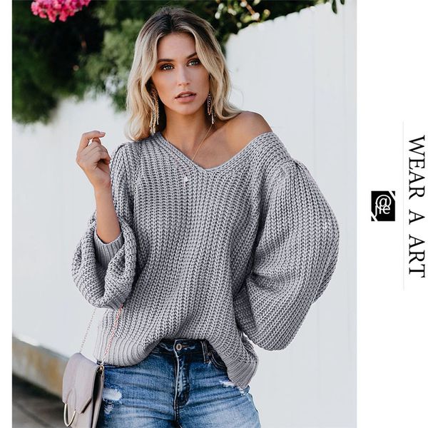 

women v-neck knitwear student loose sweater ladies mature open-back lantern sleeve student winter casual street simple fashion sale, White;black