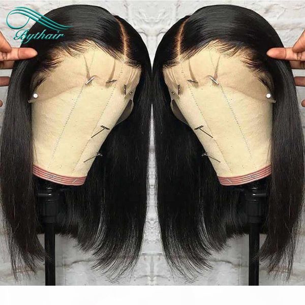 

short bob lace front human hair wigs for black women straight virgin brazilian hair pre plucked full frontal bob with baby hair bythair, Black;brown