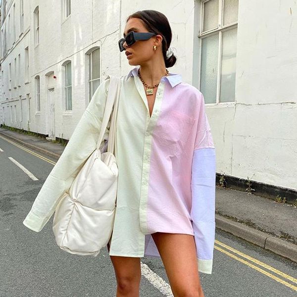 

women's blouses & shirts oversized blouse women 2021 autumn macaron color block trendy colorful female long sleeve shirt dress str, White