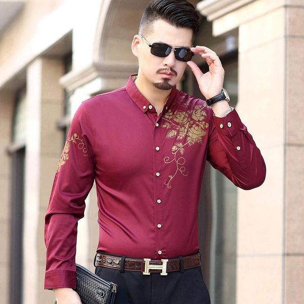 

plus size 6xl 7xl shirt 2020 fashion gold rose flower print button shirt men's slim long-sleeved business men's petticoa1, White;black