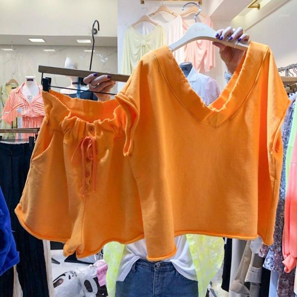 

orange women 2 shorts set tracksuit v neck t shirt and cotton wide leg shorts two piece set for summer1, White