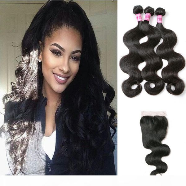 

brazilian body wave 3 bundles with 4*4 lace closure unprocessed malaysian body wave human hair bundle with closure peruvian virgin hair body, Black