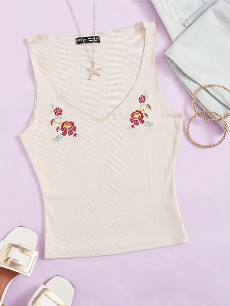 

floral embroidery rib-knit tank r0pe#, White