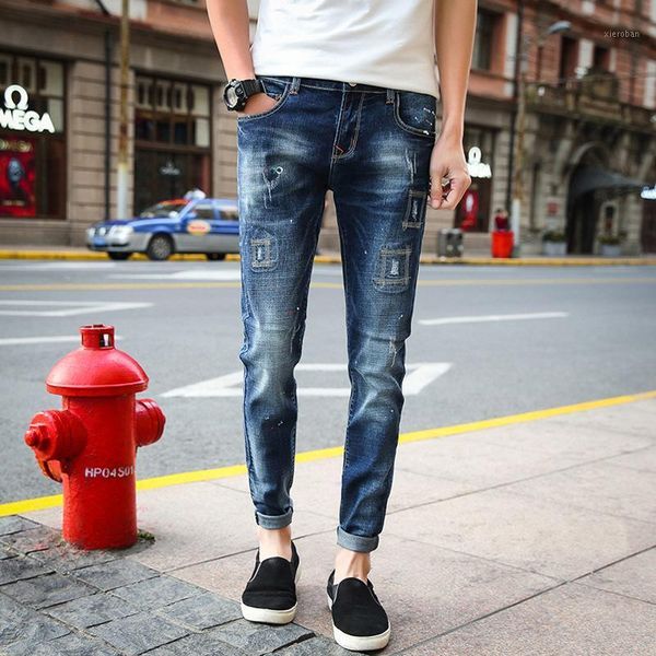 

2d hole-bursting jeans men's fashion matching elastic chaps slim trend men's jeans wholesale1, Blue