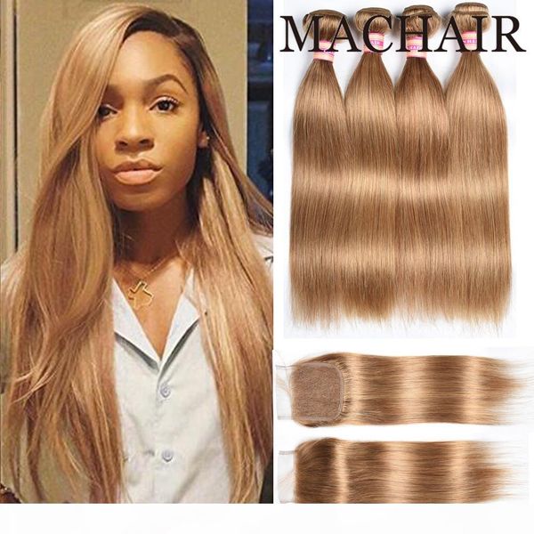 

honey blonde 27# body wave straight hair bundles with closure brazilian hair weave bundles with closure human hair with closure, Black;brown