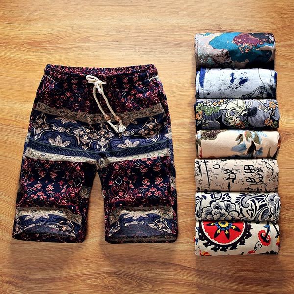 

boutique flower cotton linen men's casual beach shorts men's comfortable breathable leisure shorts male summer new, White;black