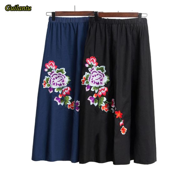 

guilantu embroidery floral vintage cotton linen long skirt women fashion high waist casual alien mid-calf office skirts female