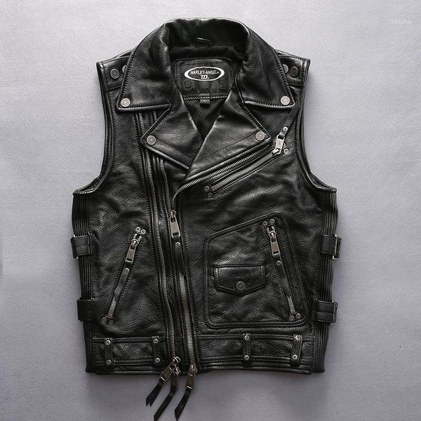

factory 2019 new men black genuine leather jacket vest fashion thick cowhide oblique lapels motorcycle biker jacket vests1