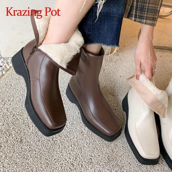 

krazing pot genuine leather square toe med heel snow boots winter keep warm korean street basic mid-calf boots l271, Black