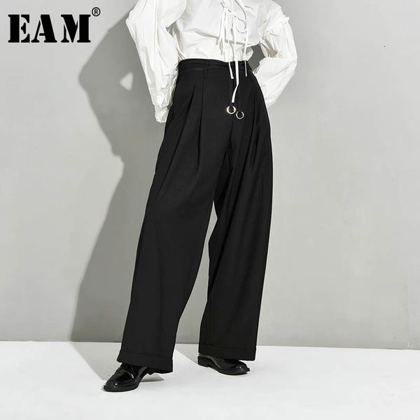 

eam] high waist black pleated bandage long wide leg trousers new loose fit pants women fashion tide spring autumn 2020 jx39901 1020, Black;white
