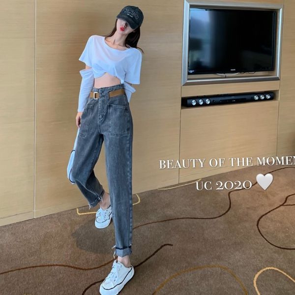 

2020 autumn new high waist belt loose harem thin jeans straight pants women's wear