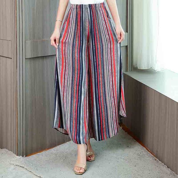 

2021 new women's summer wide leg pants high waist legs trousers beach holiday ankle-length pants print retro casual zxpd, Black;white