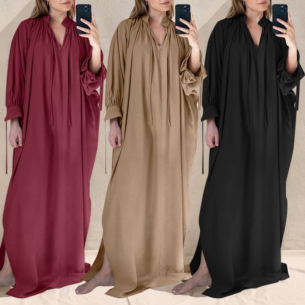 

zanzea fashion women maxi long dress autumn v neck long sleeve sundress casual solid loose vesttido kaftan robe femme plus size y0118, Black;gray