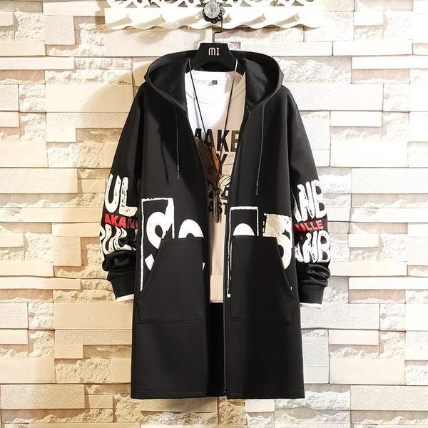 

autumn and winter long trench coat men's letter print hip hop style hooded trench coat fashion college street clothing1, Tan;black