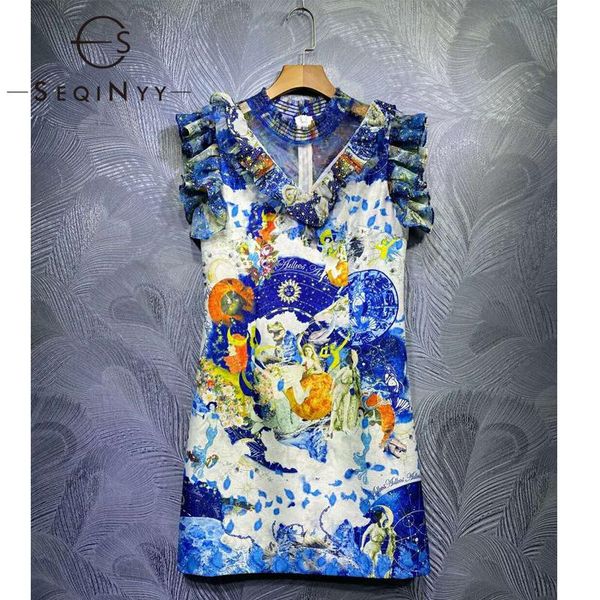 

seqinyy vintage mini dress 2020 summer spring new fashion design women ruffles blue print jacquard runway, Black;gray