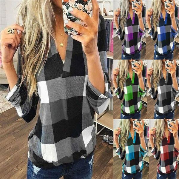 

autumn new women v neck check t shirt ladies long sleeve office ladies fashion casual plaid shirts, White