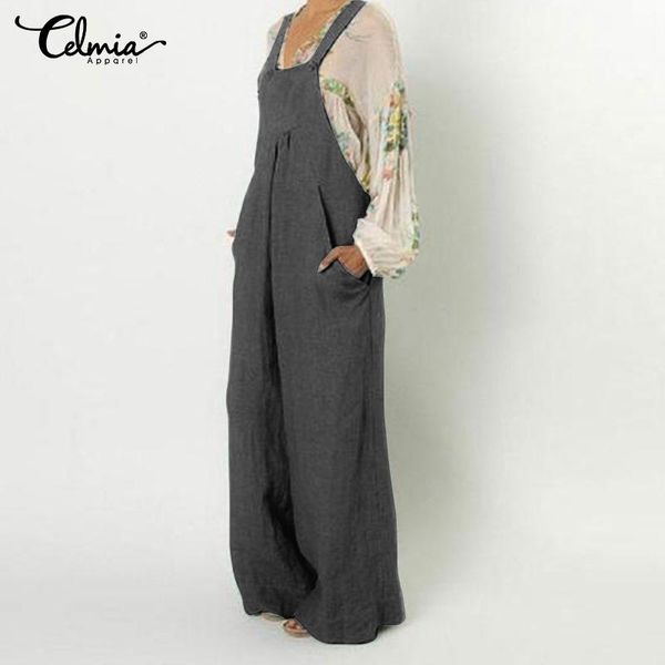 

celmia plus size women jumpsuits vintage straps overalls 2020 summer casual loose wide leg pants sleeveless long pantalon, Black;white
