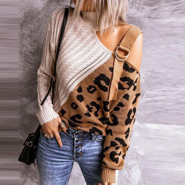 

women turtleneck one off shoulder women pullover knitted leopard sweater jumper pull streetwear hollow out, White;black