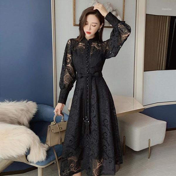 

comel2020 fashion new autumn korean women dress stand collar lantern sleeve high waist slim bandage midi dresses female1, Black;gray