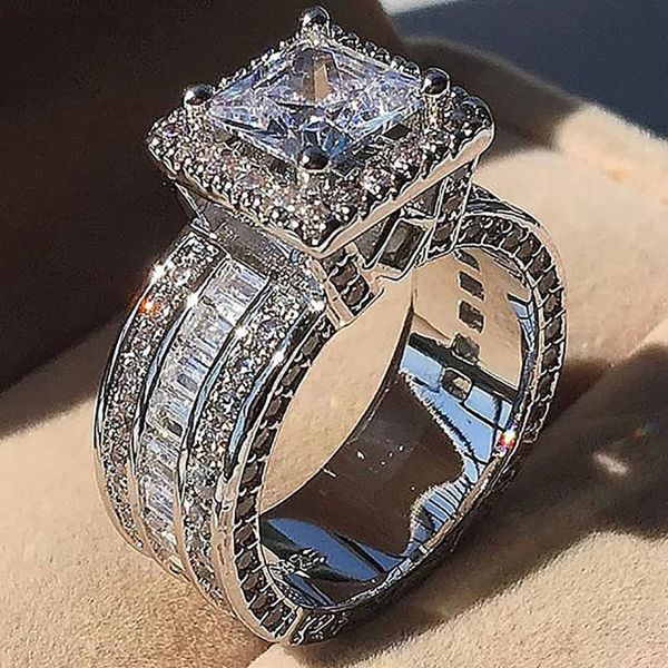 Anel de diamante vintage 925 prata esterlina Corte princesa CZ pedra noivado masculino aliança de casamento anéis para mulheres joias presente