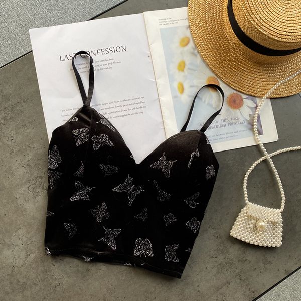 

2021 retro female singiny velvet girdle summer without sleeves thin back tank chic print off the short shoulder shirt u9fh, White