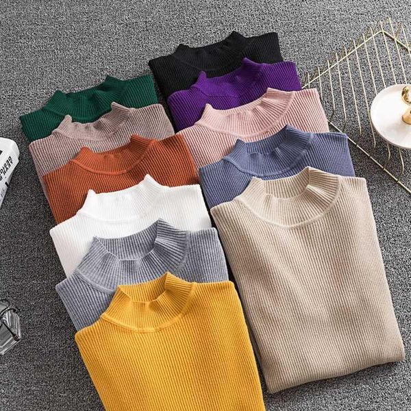 

11 colors women long sleeve knitted sweater autumn spring 2020 korean pure color jumpers casual office pullover black white blue1, White;black