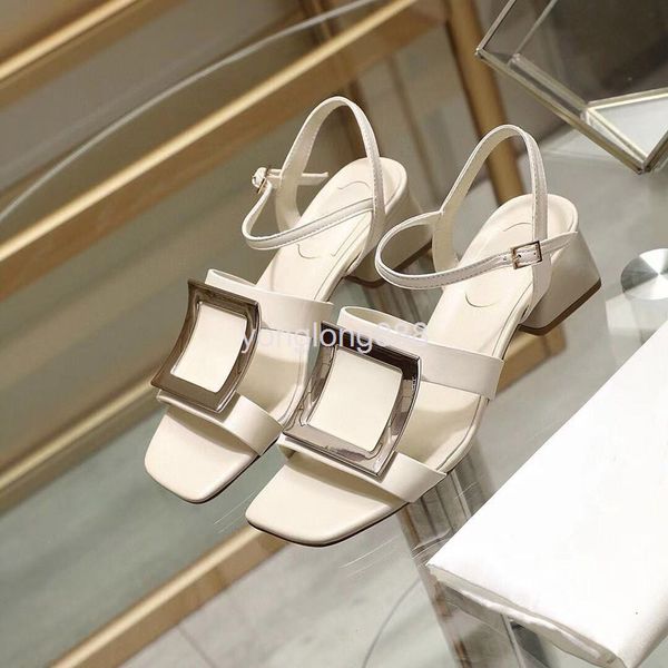 

dress shoes fetal cow leather summer medium thick heel simple net red square buckle sandals texture women's shoes fashion, Black