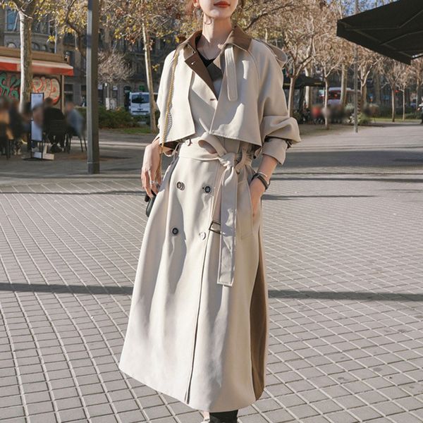 

korean style ladies office casual trench coat fashion patchwork double-breasted belt long overcoat women windbreaker autumnx1016, Black;brown