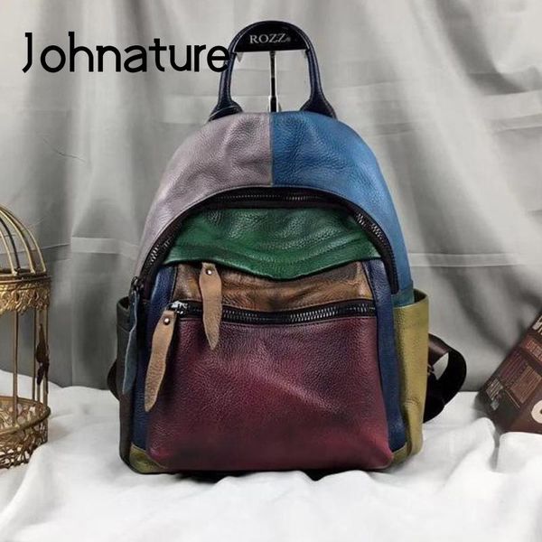 

johnature vintage cowhide shoulder bag women backpack 2020 new retro panelled color stitching mini travel backpack random color