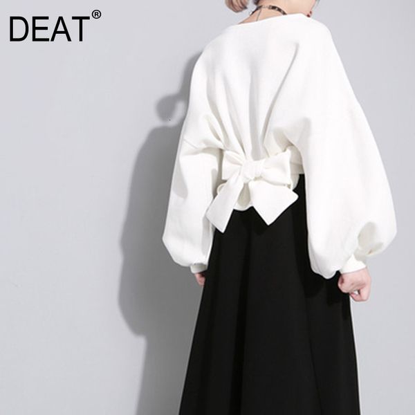 

[deat] new autumn winter round neck long sleeve solid color black back bandage bow loose sweatshirt women fashion je14101 201007