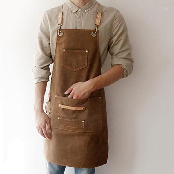 

2020 bbq canvas apron bib leather chef kitchen apron for women men barista bartender pockets home barber cook coffee restaurant1