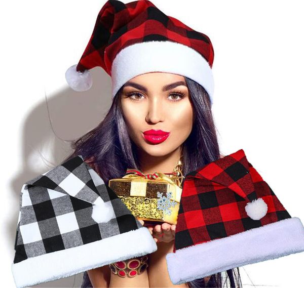 

buffalo plaid christmas hat plush santa clause cap red black plaids grid winter beanie with pom short fleece fur border xmas caps ly10292