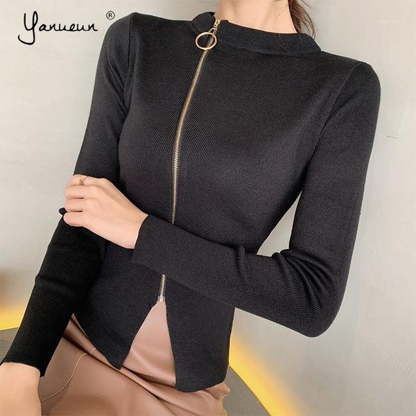 

yanueun women sweater autumn winter 2020 zipper knitted korean style fashion casual slim thin solid ladies sweaters 1, White