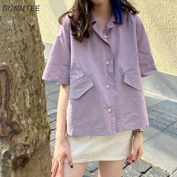 

women's blouses & shirts women solid harajuku 2021 summer loose purple retro womens all-match turn down collar short sleeve casual chic, White