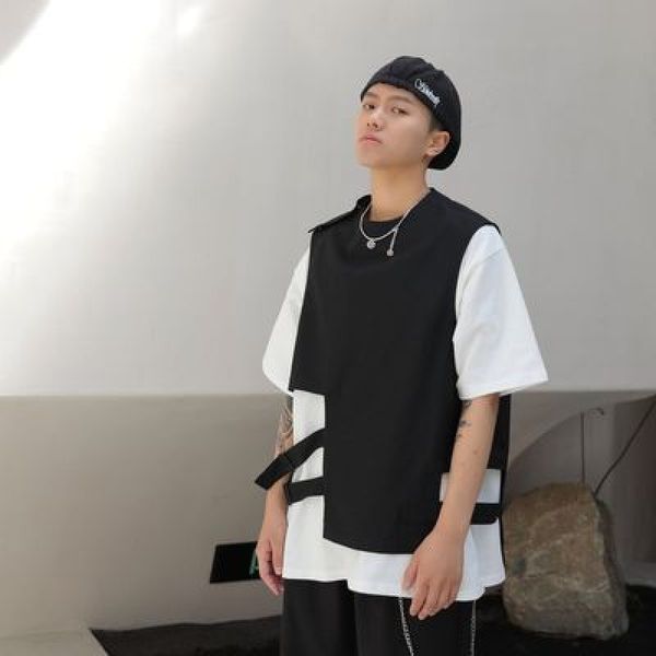 

t-shirt summer 2020 new short sleeve irregular dark vest double fashion round neck vest, White;black