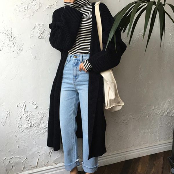 

women's knits & tees 2021 autumn oversized cardigan coat open front long sleeves slits side loose fashion slim knitted outwear, White