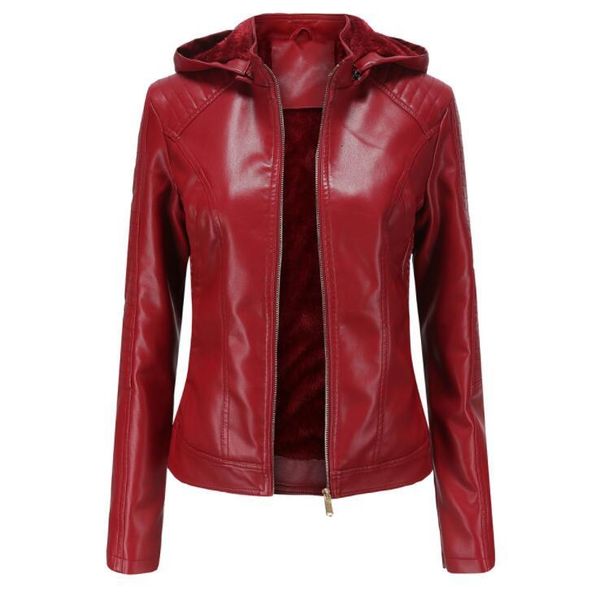 

new europe and america plus size plus velvet female leather hooded autumn and winter short jacket warm casual female jacket, Black