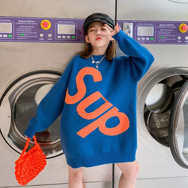 

sle alphabet foreign long sweater girls' winter 2020 children's clothing, Blue